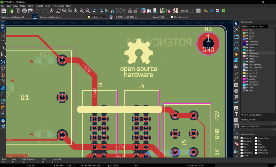 Screenshot from KiCAD showing a fragment of the PCB layout